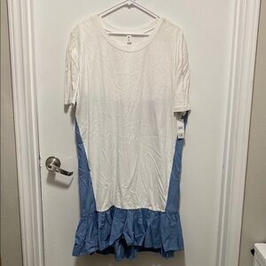 BP Casual White and Blue Ruffled Midi Dress